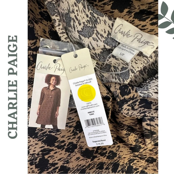 Charlie Paige Tunic Style Fall Dress Print 3-4 Sleeve Black Brown Size Small - Picture 10 of 10